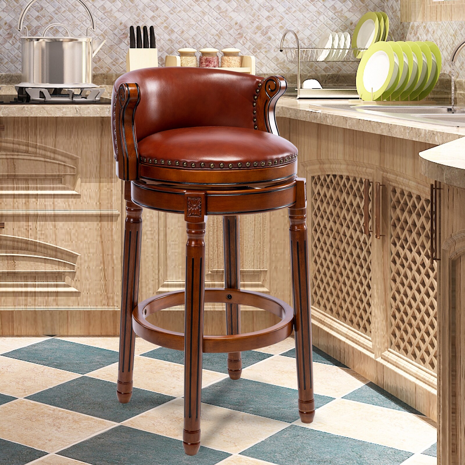 Seat height 29.5'' Cow top Leather Wooden Bar Stools, 360 Degree Swivel Bar Height Chair with Backs for Home Kitchen Counter